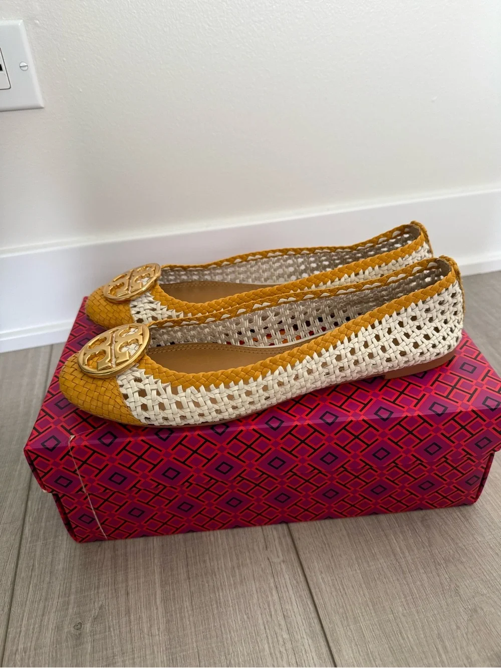 Tory Burch Woven Two-Tone Yellow & Cream Ballet Flats with Gold Logo